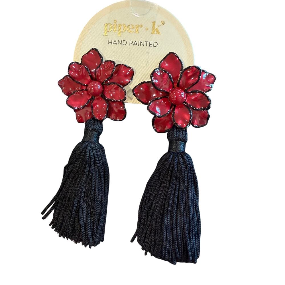 Piper K Hand Painted Burgundy Flower Black Tassel Statement Earrings NWT